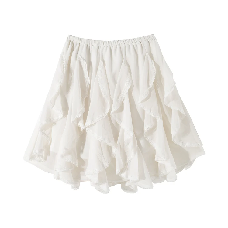 Kawaii Black Mini Skirts Women Summer 2025 Japanese Y2k Beach Ruched Skirts Vintage Clothes Lace Chiffon Skirts Cute Clothes