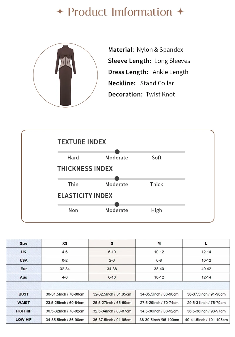 VC Sophisticated Brown High-Neck Long Sleeves Dress with Sheer Mesh Corset Accent for Party Evening Gown Ropa Para Mujer