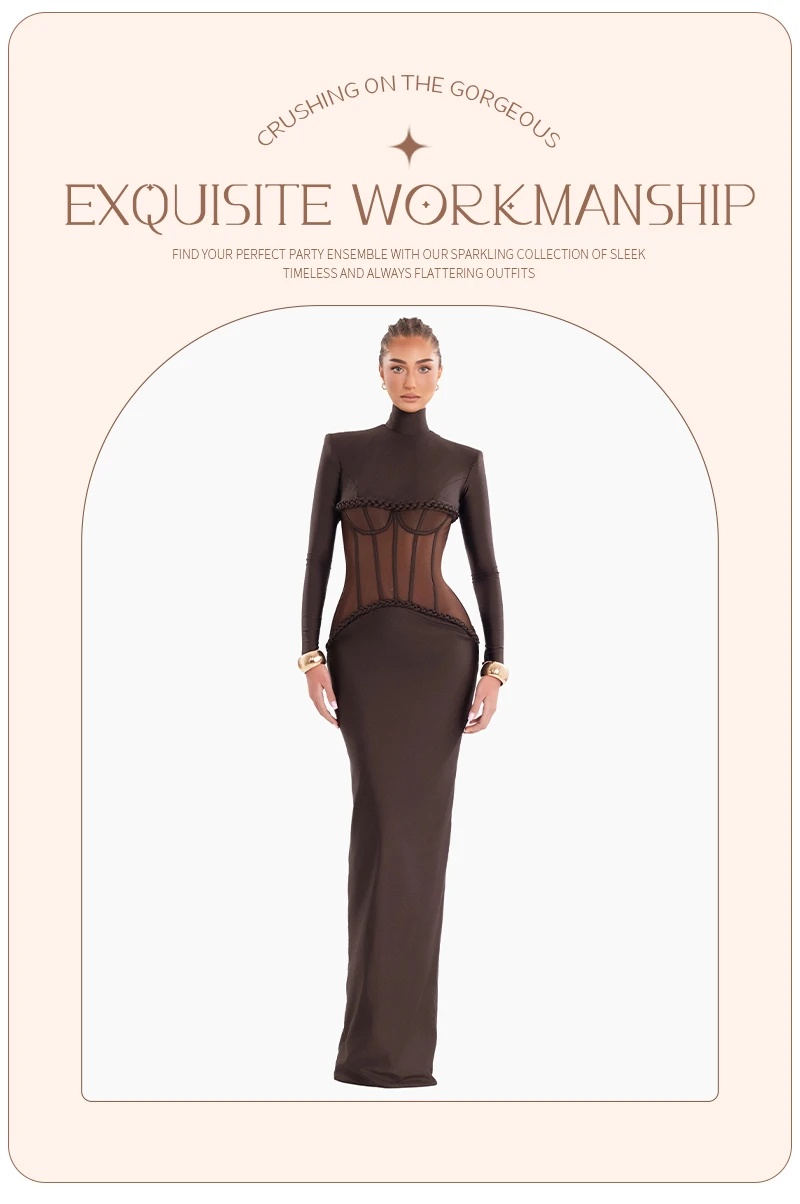 VC Sophisticated Brown High-Neck Long Sleeves Dress with Sheer Mesh Corset Accent for Party Evening Gown Ropa Para Mujer