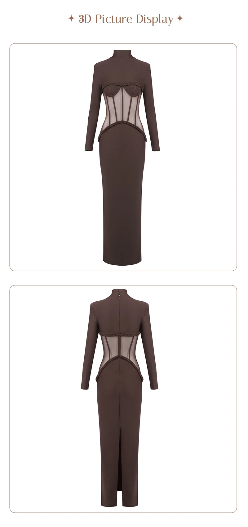 VC Sophisticated Brown High-Neck Long Sleeves Dress with Sheer Mesh Corset Accent for Party Evening Gown Ropa Para Mujer
