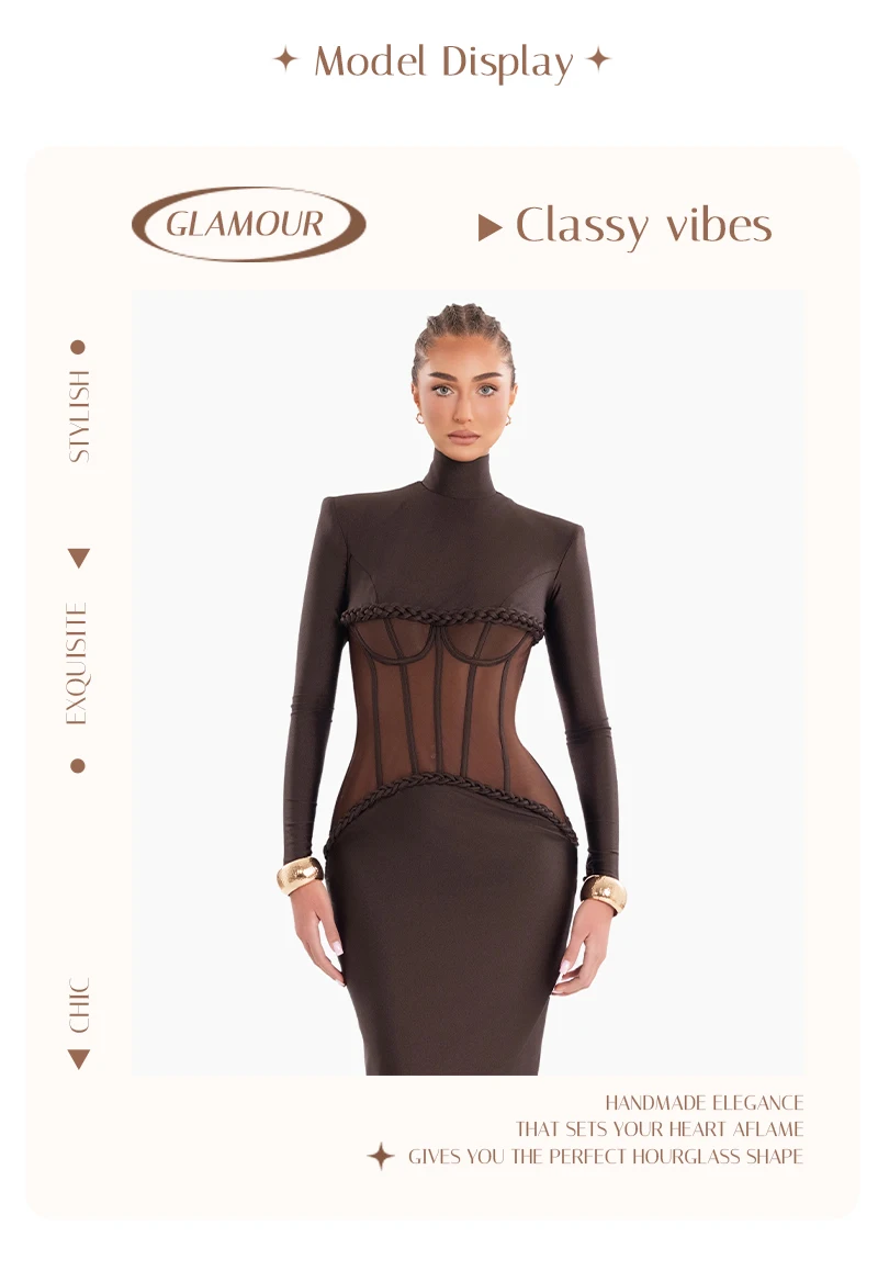 VC Sophisticated Brown High-Neck Long Sleeves Dress with Sheer Mesh Corset Accent for Party Evening Gown Ropa Para Mujer