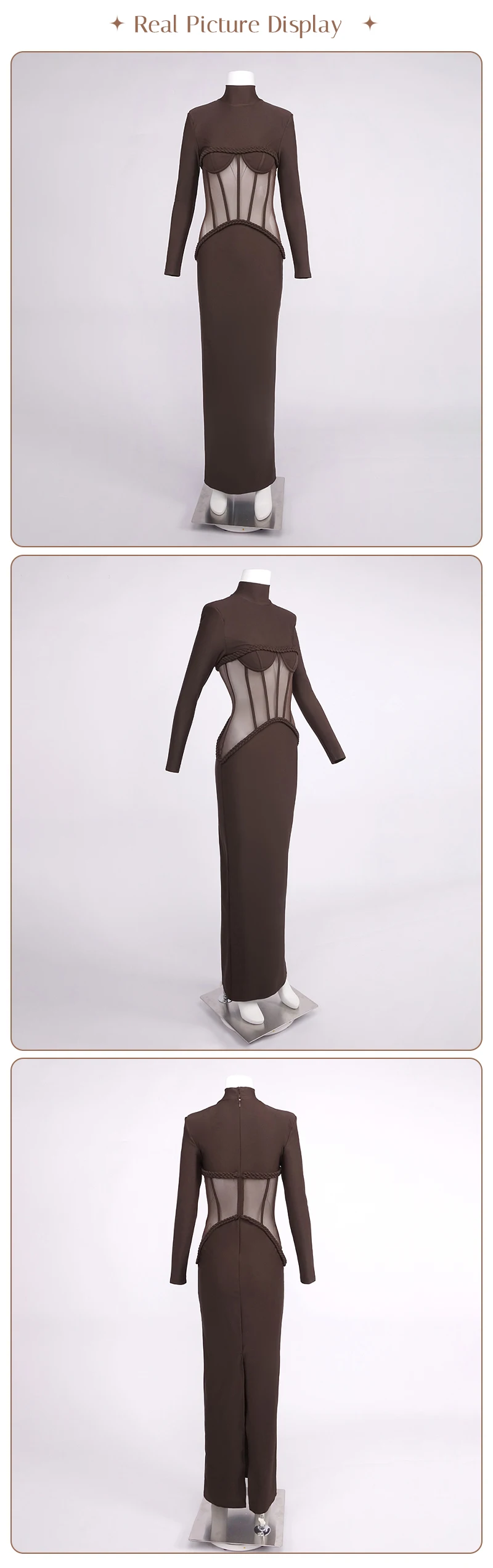 VC Sophisticated Brown High-Neck Long Sleeves Dress with Sheer Mesh Corset Accent for Party Evening Gown Ropa Para Mujer