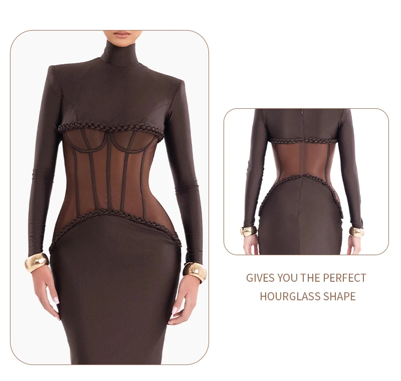 VC Sophisticated Brown High-Neck Long Sleeves Dress with Sheer Mesh Corset Accent for Party Evening Gown Ropa Para Mujer
