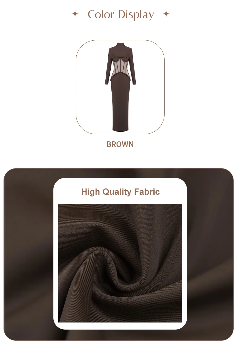 VC Sophisticated Brown High-Neck Long Sleeves Dress with Sheer Mesh Corset Accent for Party Evening Gown Ropa Para Mujer