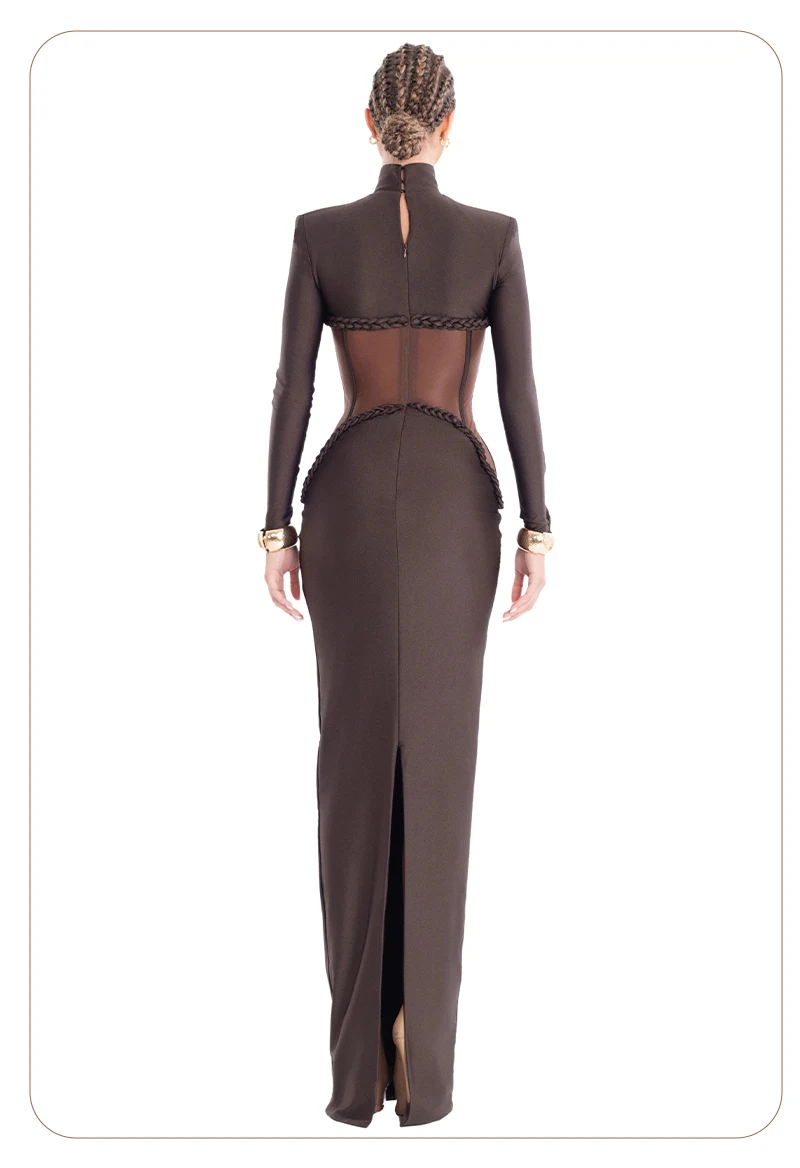 VC Sophisticated Brown High-Neck Long Sleeves Dress with Sheer Mesh Corset Accent for Party Evening Gown Ropa Para Mujer