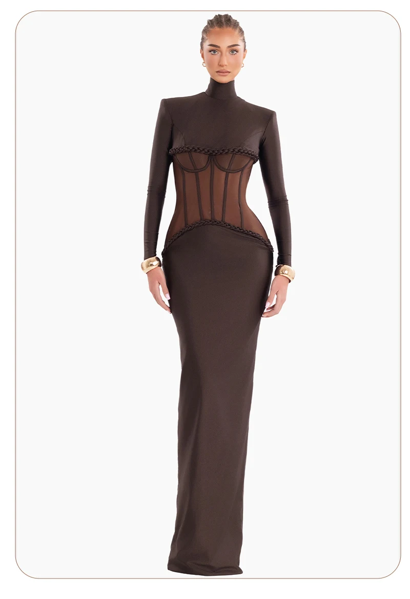 VC Sophisticated Brown High-Neck Long Sleeves Dress with Sheer Mesh Corset Accent for Party Evening Gown Ropa Para Mujer