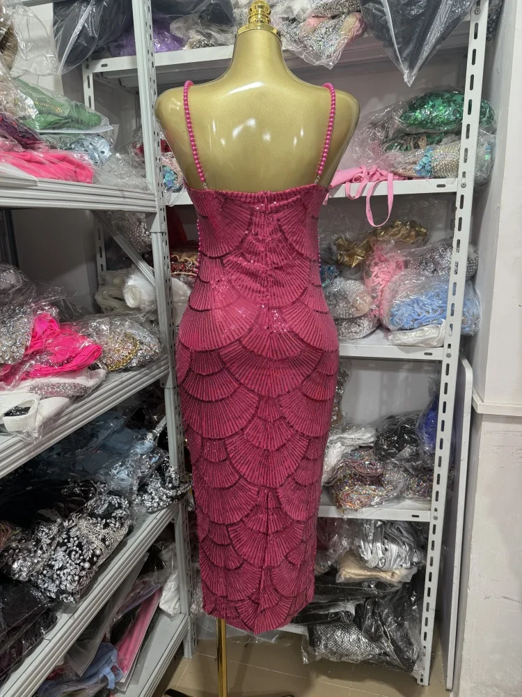 Luxurious Pearl-Embroidered Red Long Sleeveless Dress Elegant Hollow out Design for Women Stylish Party Dress Vintage