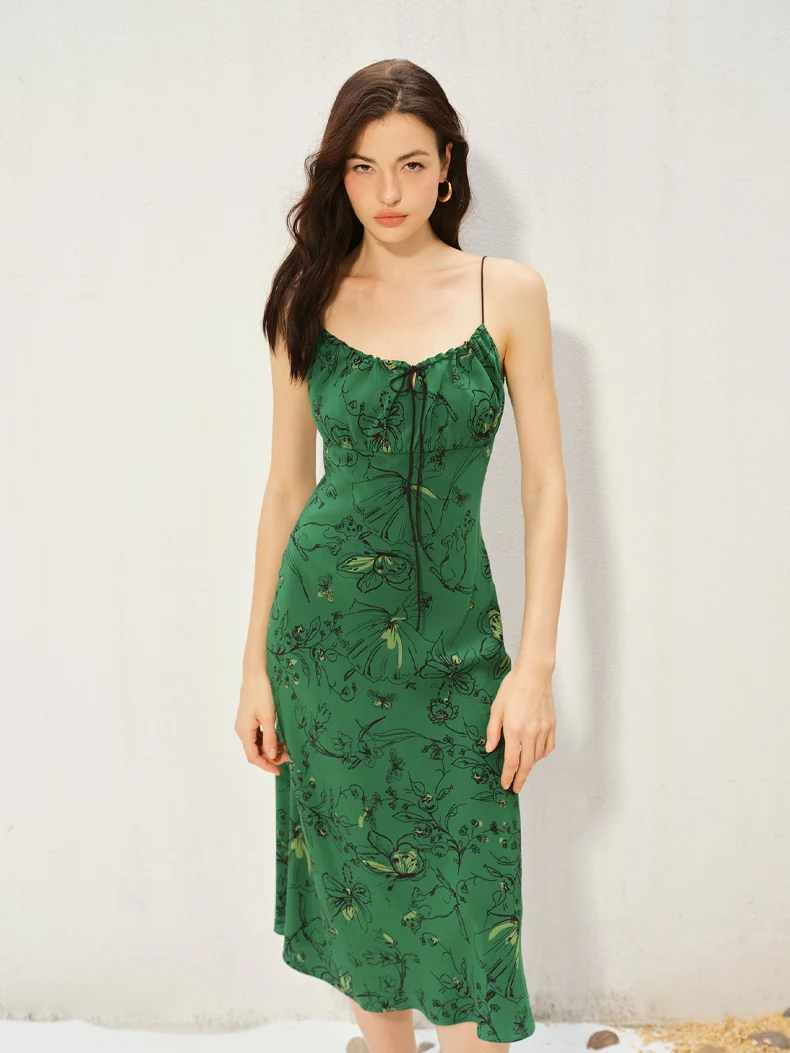 SuyaDream, Women's 100%Silk Floral Slip Dress, French V-Neck Tie Front Midi Dress, Green Floral Print Spaghetti Strap Dress