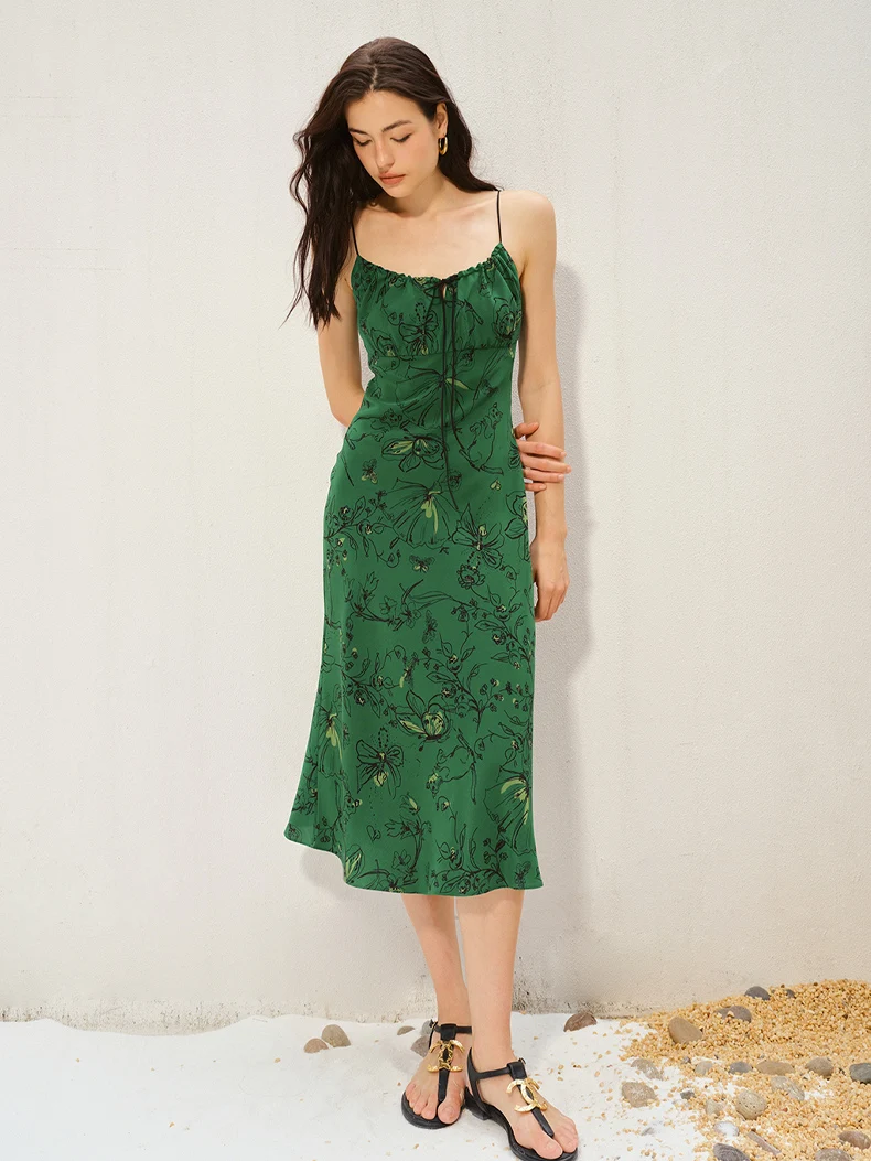SuyaDream, Women's 100%Silk Floral Slip Dress, French V-Neck Tie Front Midi Dress, Green Floral Print Spaghetti Strap Dress