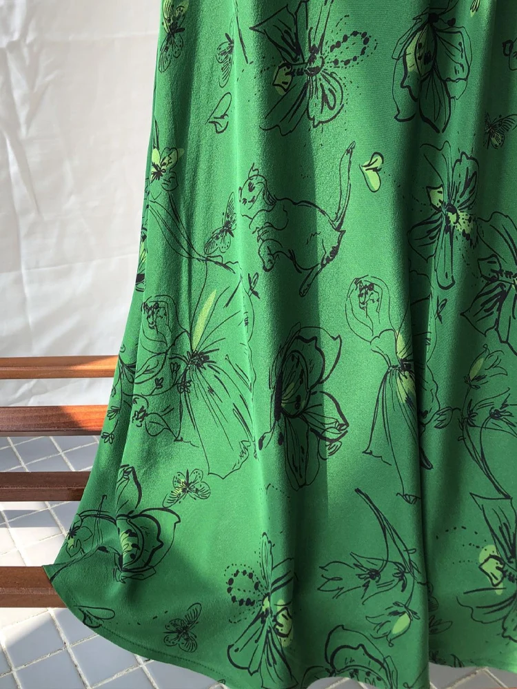 SuyaDream, Women's 100%Silk Floral Slip Dress, French V-Neck Tie Front Midi Dress, Green Floral Print Spaghetti Strap Dress