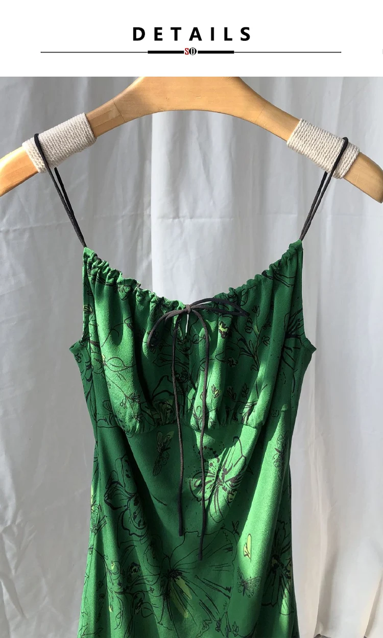 SuyaDream, Women's 100%Silk Floral Slip Dress, French V-Neck Tie Front Midi Dress, Green Floral Print Spaghetti Strap Dress