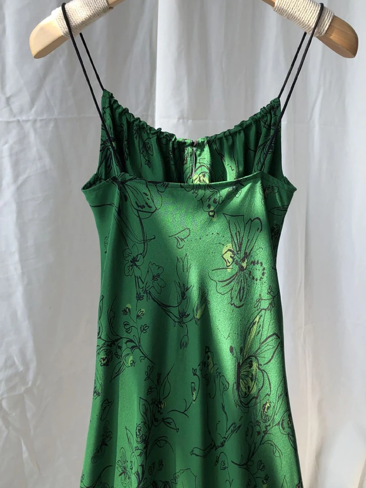 SuyaDream, Women's 100%Silk Floral Slip Dress, French V-Neck Tie Front Midi Dress, Green Floral Print Spaghetti Strap Dress