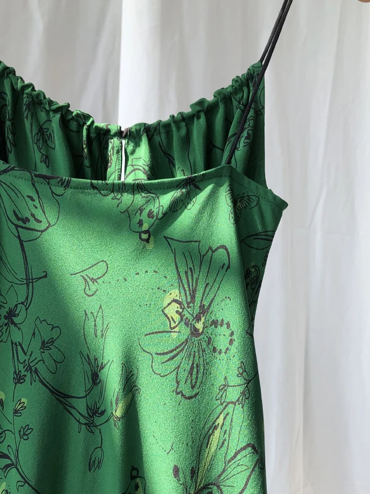 SuyaDream, Women's 100%Silk Floral Slip Dress, French V-Neck Tie Front Midi Dress, Green Floral Print Spaghetti Strap Dress
