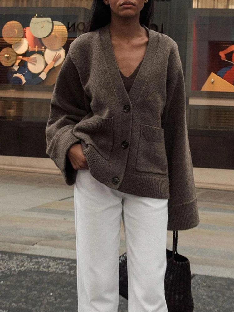 Women's Elegant Knitted Cardigan Solid Long Sleeve V Neck Ribbed Tops 2026 New Autumn Winter Coat Commute Female Knitwear