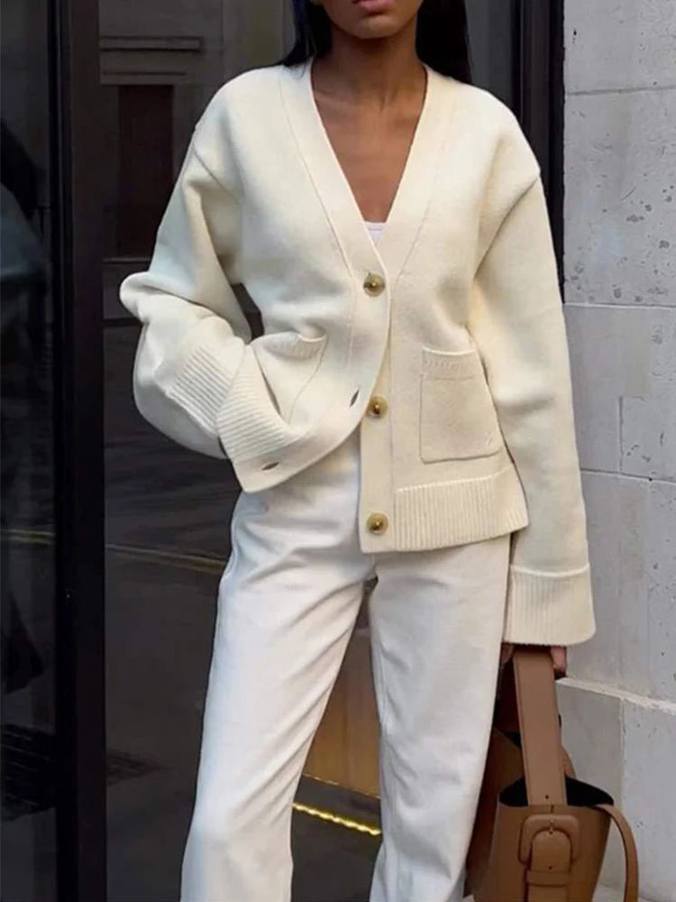 Women's Elegant Knitted Cardigan Solid Long Sleeve V Neck Ribbed Tops 2026 New Autumn Winter Coat Commute Female Knitwear
