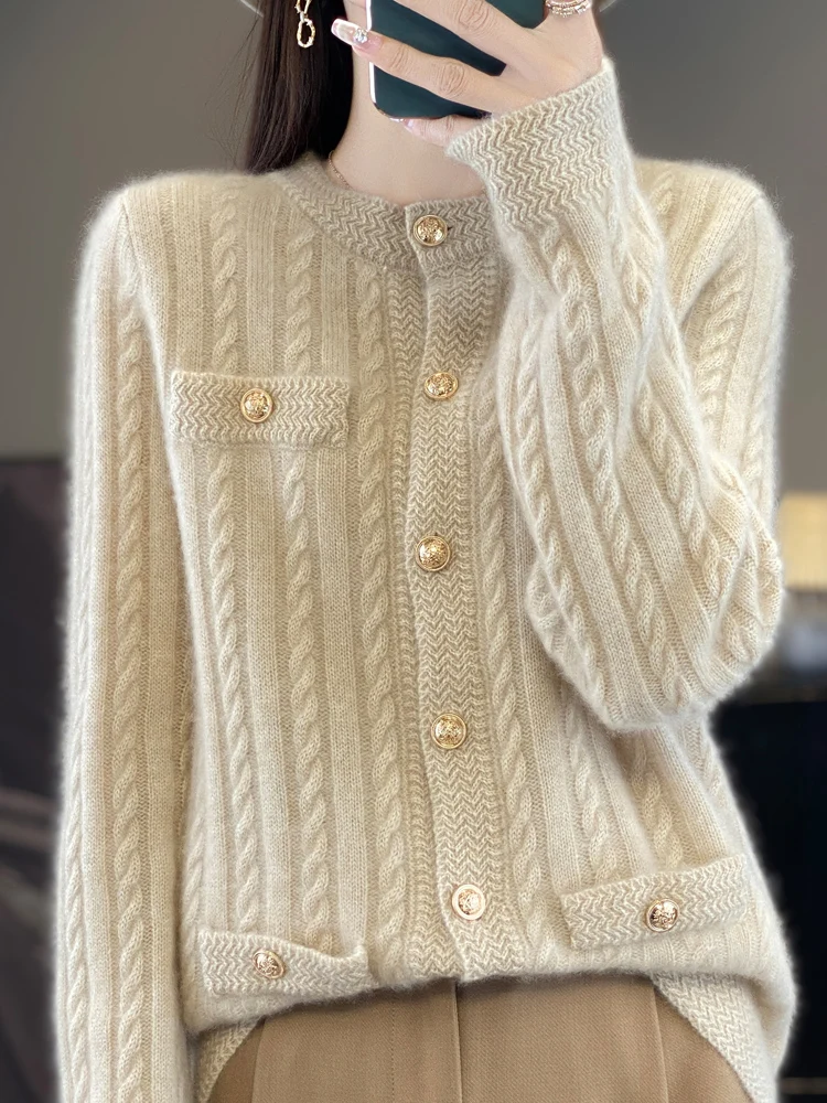 Women's Warm Autumn Winter Thick 100% Merino Wool Knitted Sweater Buttons Cardigan Casual Loose O-Neck Cable Stitc Clothing Tops
