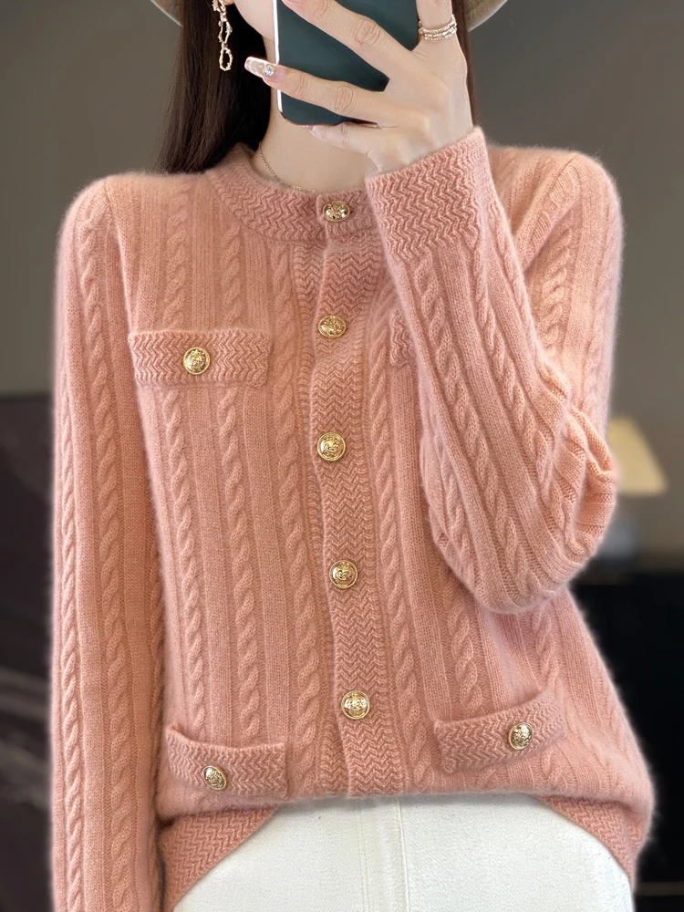 Women's Warm Autumn Winter Thick 100% Merino Wool Knitted Sweater Buttons Cardigan Casual Loose O-Neck Cable Stitc Clothing Tops