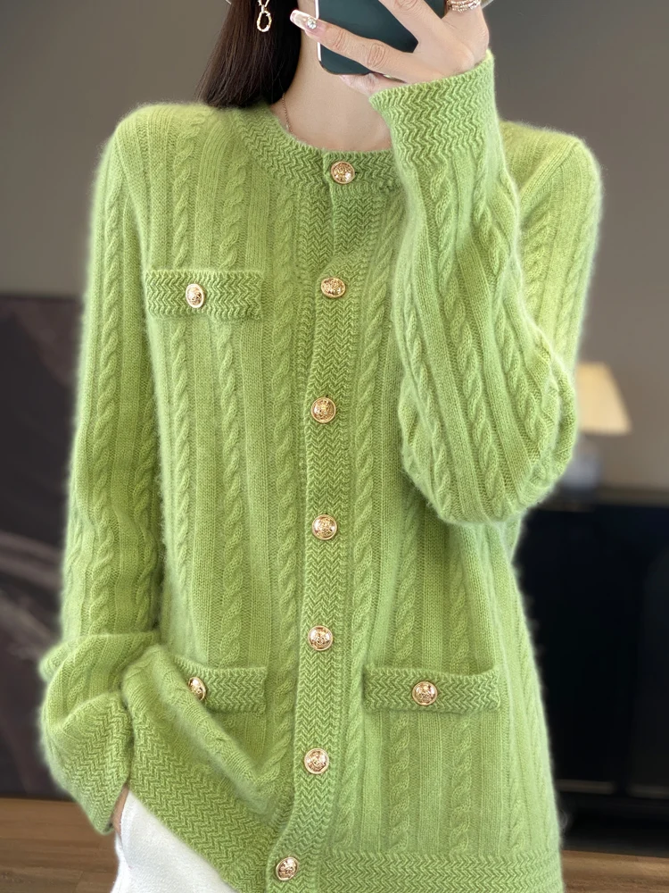 Women's Warm Autumn Winter Thick 100% Merino Wool Knitted Sweater Buttons Cardigan Casual Loose O-Neck Cable Stitc Clothing Tops