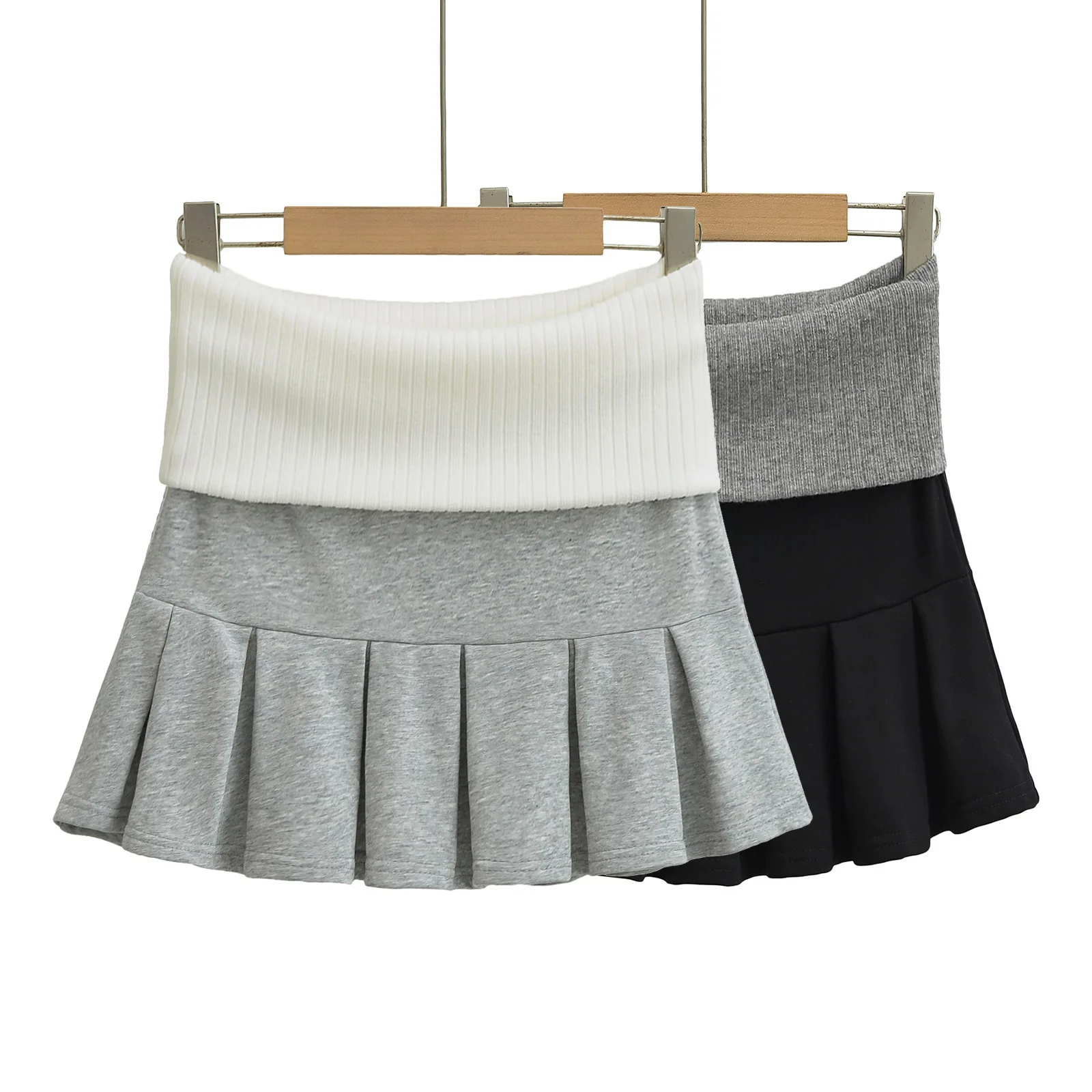 Spicy Girl Europe/America Style Color Blocked Short Cropped Hooded Sweatshirt+high Waisted Sexy Pleated Skirt Two Piece Set GXYW