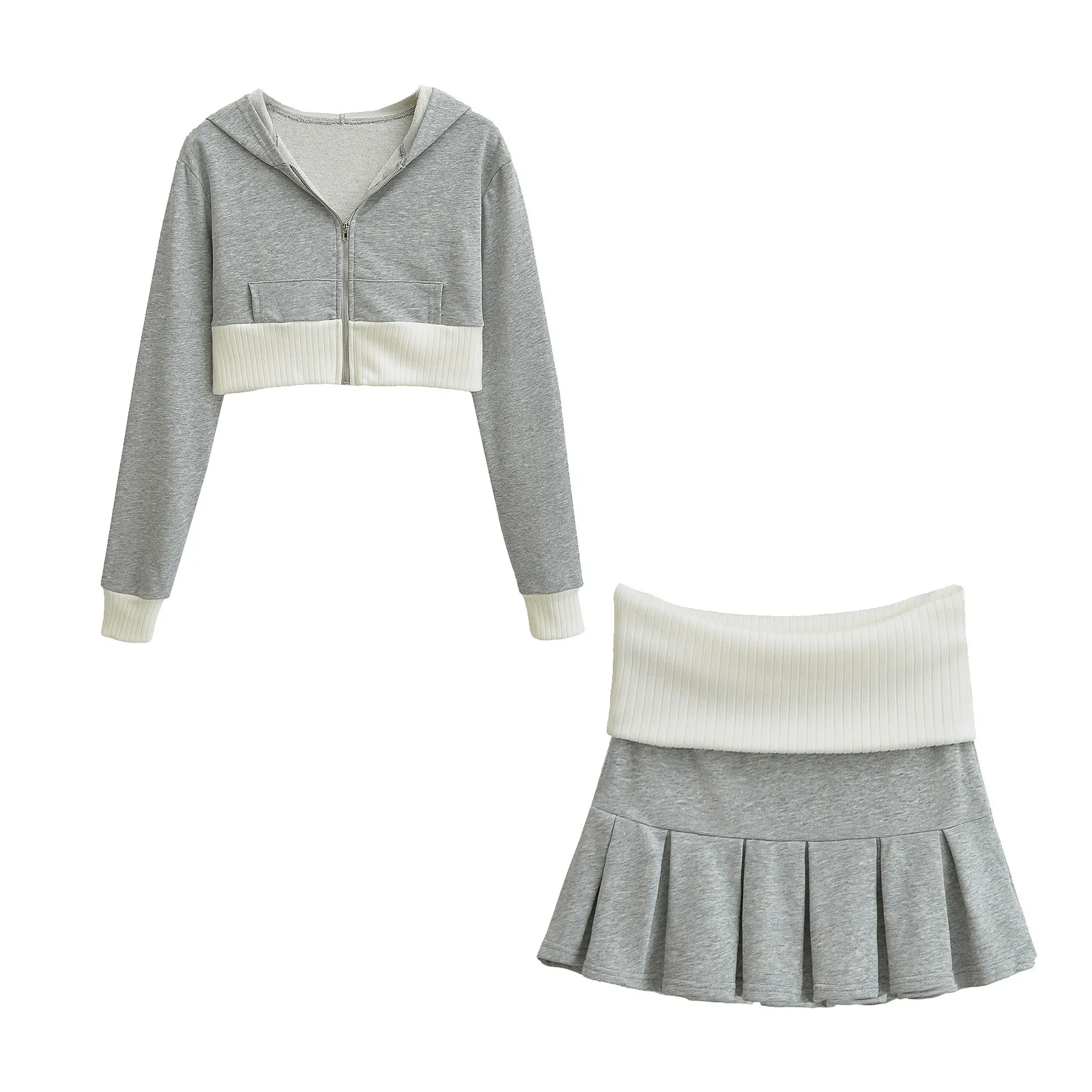 Spicy Girl Europe/America Style Color Blocked Short Cropped Hooded Sweatshirt+high Waisted Sexy Pleated Skirt Two Piece Set GXYW