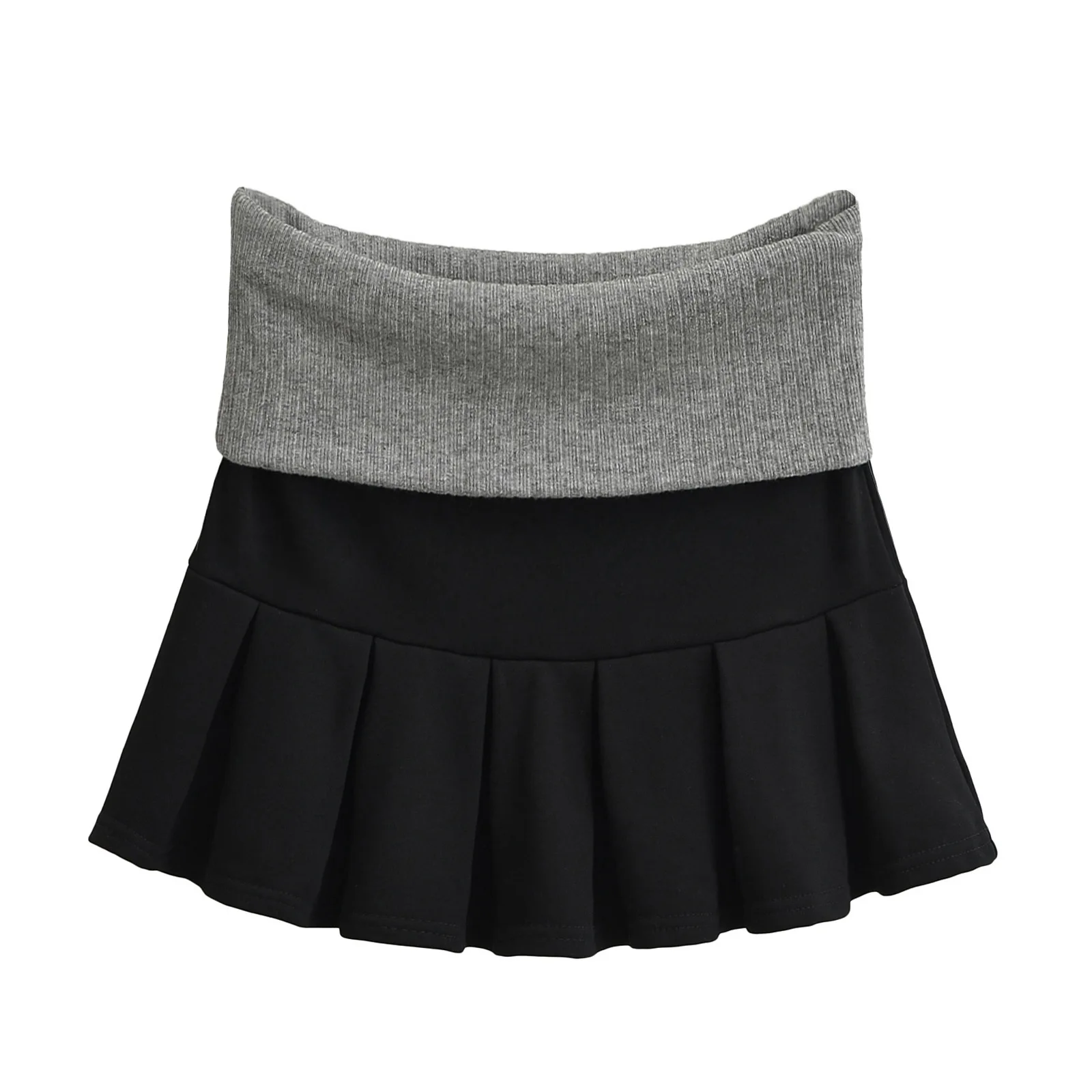 Spicy Girl Europe/America Style Color Blocked Short Cropped Hooded Sweatshirt+high Waisted Sexy Pleated Skirt Two Piece Set GXYW