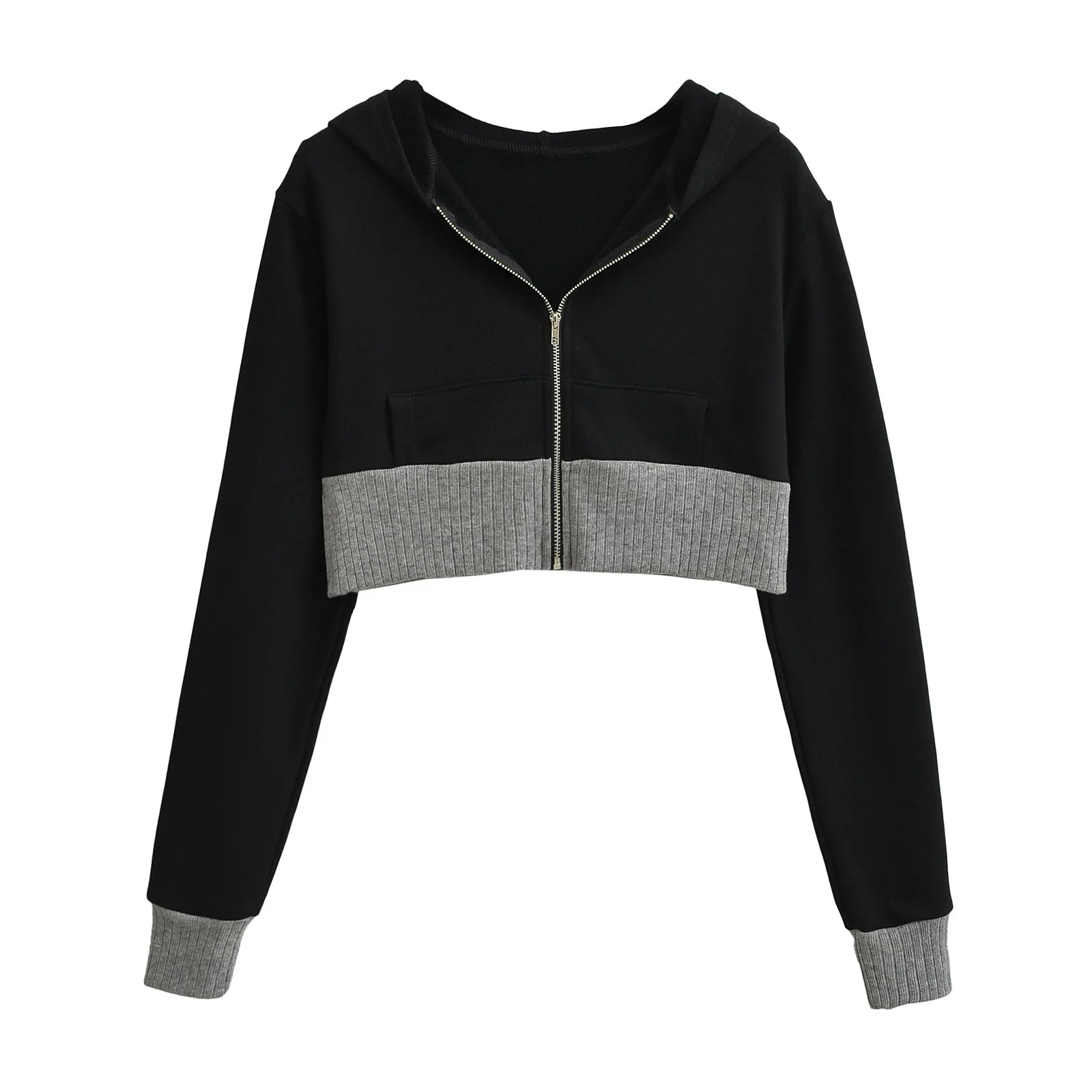 Spicy Girl Europe/America Style Color Blocked Short Cropped Hooded Sweatshirt+high Waisted Sexy Pleated Skirt Two Piece Set GXYW