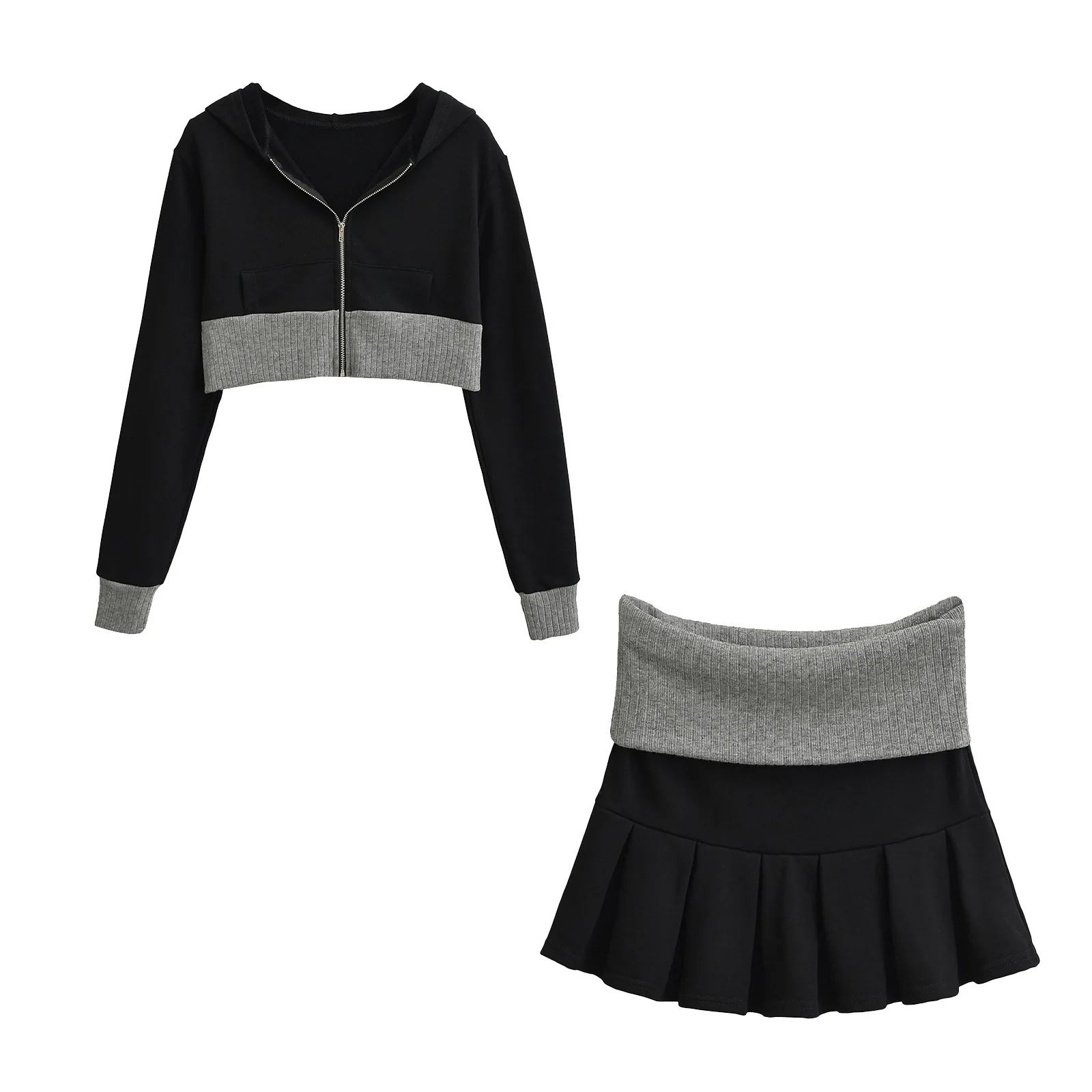 Spicy Girl Europe/America Style Color Blocked Short Cropped Hooded Sweatshirt+high Waisted Sexy Pleated Skirt Two Piece Set GXYW