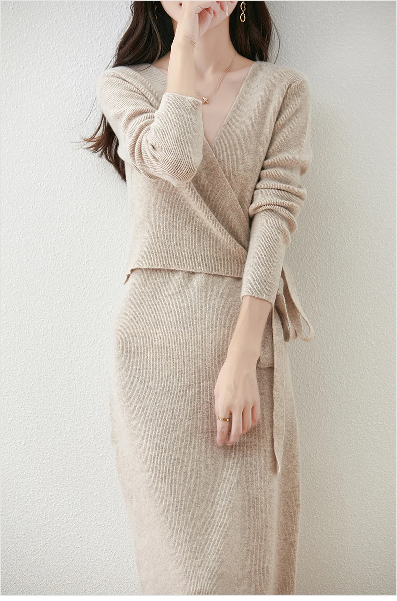 Women V-neck 100% Merino Wool Dress Sweater Autumn Winter Crossing Lace-up Long Sleeve Pullover Knit Skirt Office Lady Knitwear