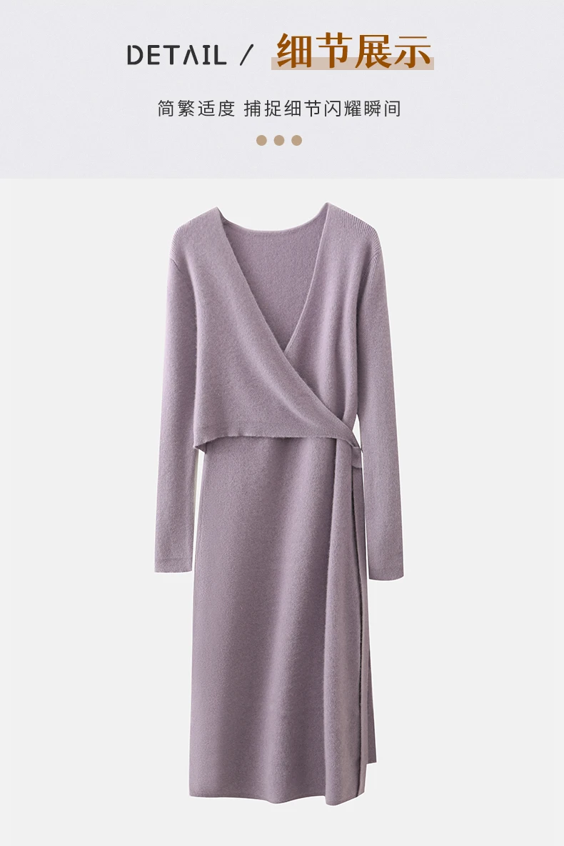 Women V-neck 100% Merino Wool Dress Sweater Autumn Winter Crossing Lace-up Long Sleeve Pullover Knit Skirt Office Lady Knitwear