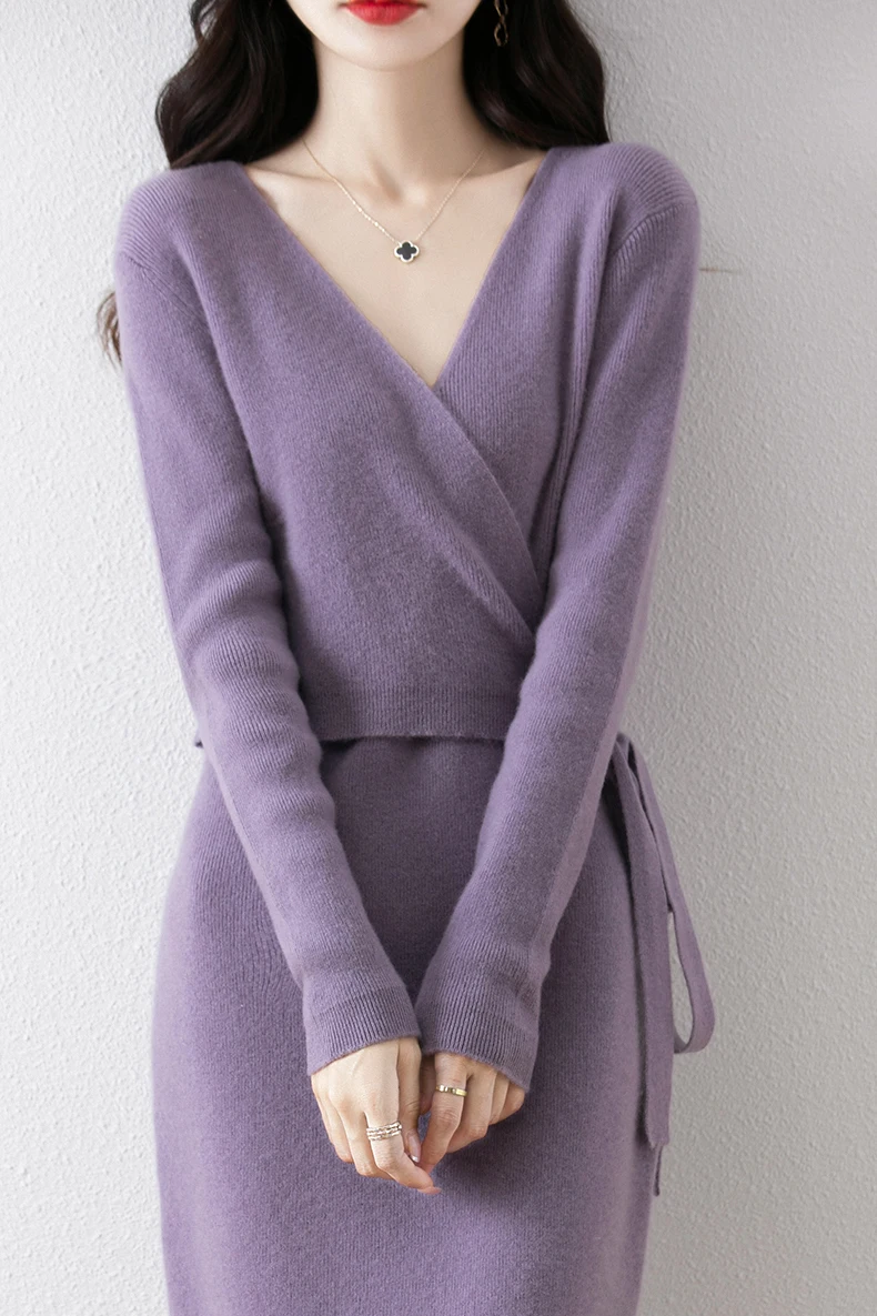 Women V-neck 100% Merino Wool Dress Sweater Autumn Winter Crossing Lace-up Long Sleeve Pullover Knit Skirt Office Lady Knitwear