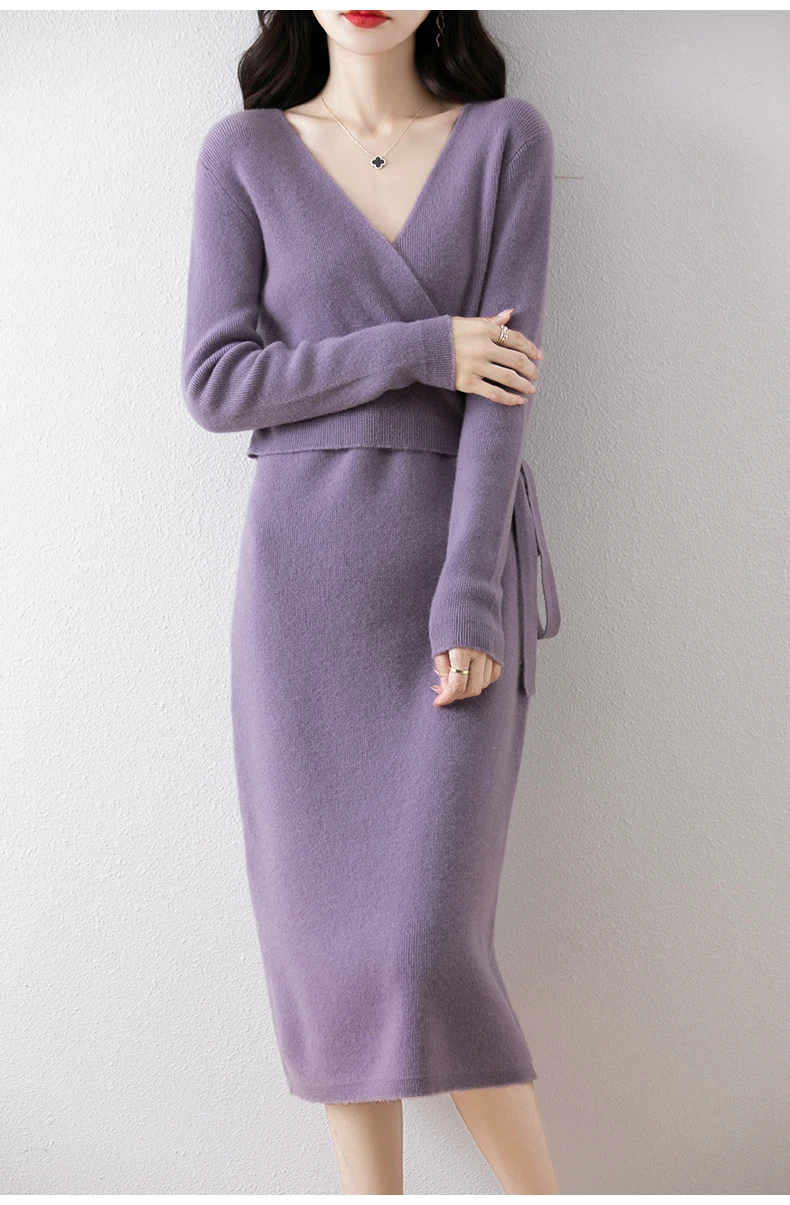 Women V-neck 100% Merino Wool Dress Sweater Autumn Winter Crossing Lace-up Long Sleeve Pullover Knit Skirt Office Lady Knitwear