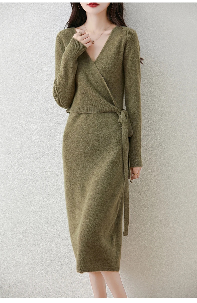 Women V-neck 100% Merino Wool Dress Sweater Autumn Winter Crossing Lace-up Long Sleeve Pullover Knit Skirt Office Lady Knitwear