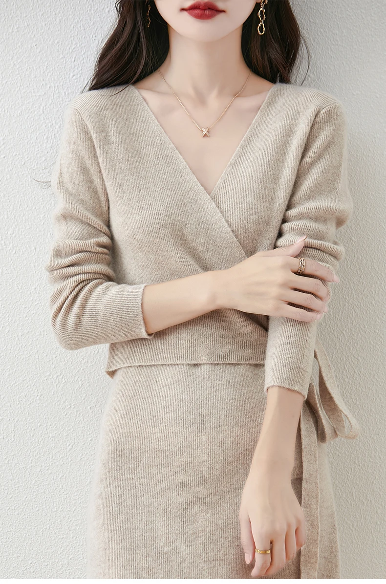 Women V-neck 100% Merino Wool Dress Sweater Autumn Winter Crossing Lace-up Long Sleeve Pullover Knit Skirt Office Lady Knitwear