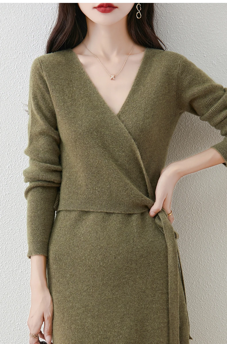 Women V-neck 100% Merino Wool Dress Sweater Autumn Winter Crossing Lace-up Long Sleeve Pullover Knit Skirt Office Lady Knitwear
