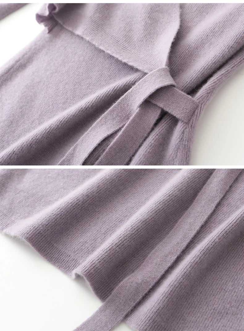 Women V-neck 100% Merino Wool Dress Sweater Autumn Winter Crossing Lace-up Long Sleeve Pullover Knit Skirt Office Lady Knitwear