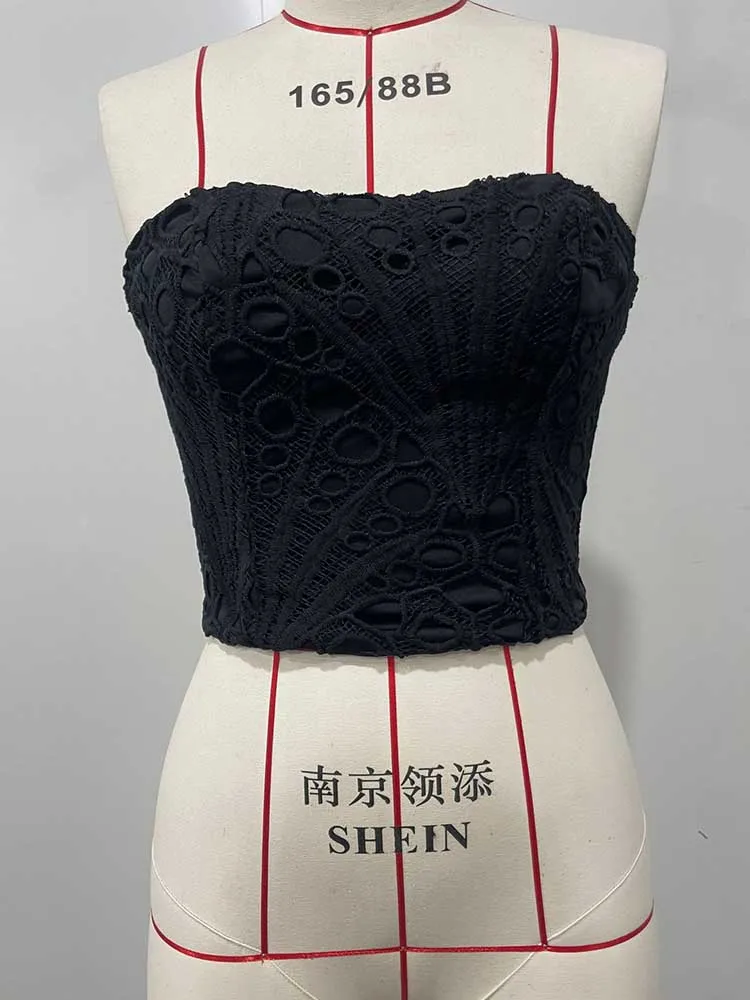 Female Clothing Elegant Sets V Neck Lace Sexy Strapless Crop Top and Wide Leg Pants Set Women Hollow Out Summer Two Piece Set