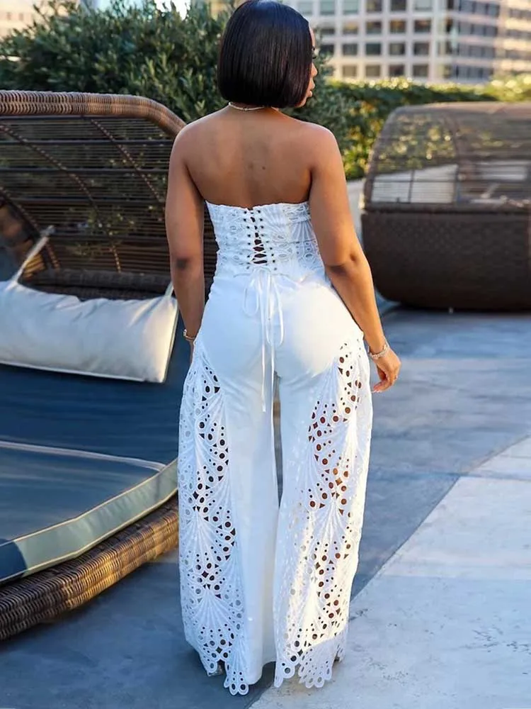 Female Clothing Elegant Sets V Neck Lace Sexy Strapless Crop Top and Wide Leg Pants Set Women Hollow Out Summer Two Piece Set
