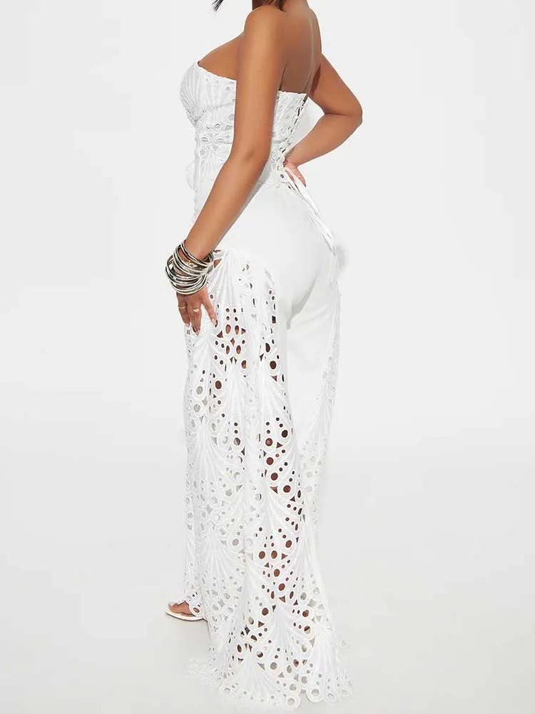 Female Clothing Elegant Sets V Neck Lace Sexy Strapless Crop Top and Wide Leg Pants Set Women Hollow Out Summer Two Piece Set