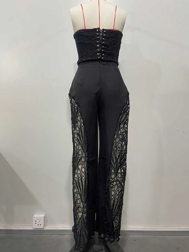 Female Clothing Elegant Sets V Neck Lace Sexy Strapless Crop Top and Wide Leg Pants Set Women Hollow Out Summer Two Piece Set
