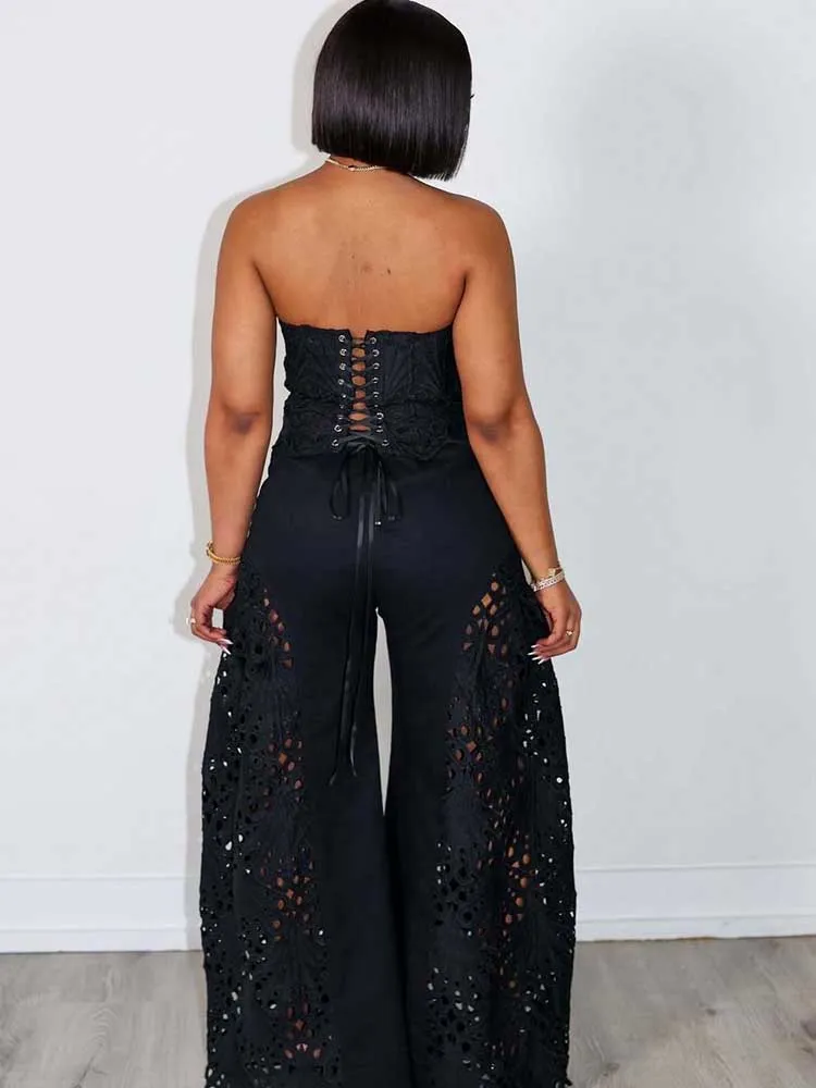 Female Clothing Elegant Sets V Neck Lace Sexy Strapless Crop Top and Wide Leg Pants Set Women Hollow Out Summer Two Piece Set