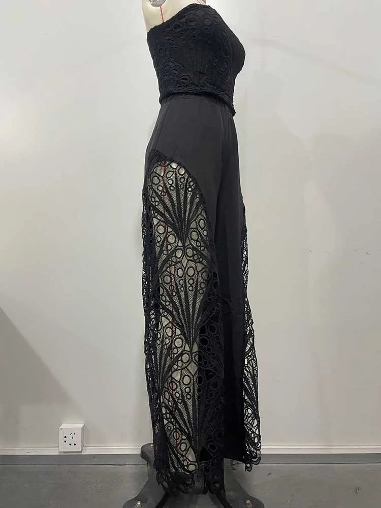 Female Clothing Elegant Sets V Neck Lace Sexy Strapless Crop Top and Wide Leg Pants Set Women Hollow Out Summer Two Piece Set