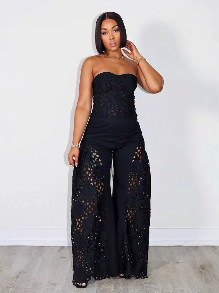 Female Clothing Elegant Sets V Neck Lace Sexy Strapless Crop Top and Wide Leg Pants Set Women Hollow Out Summer Two Piece Set