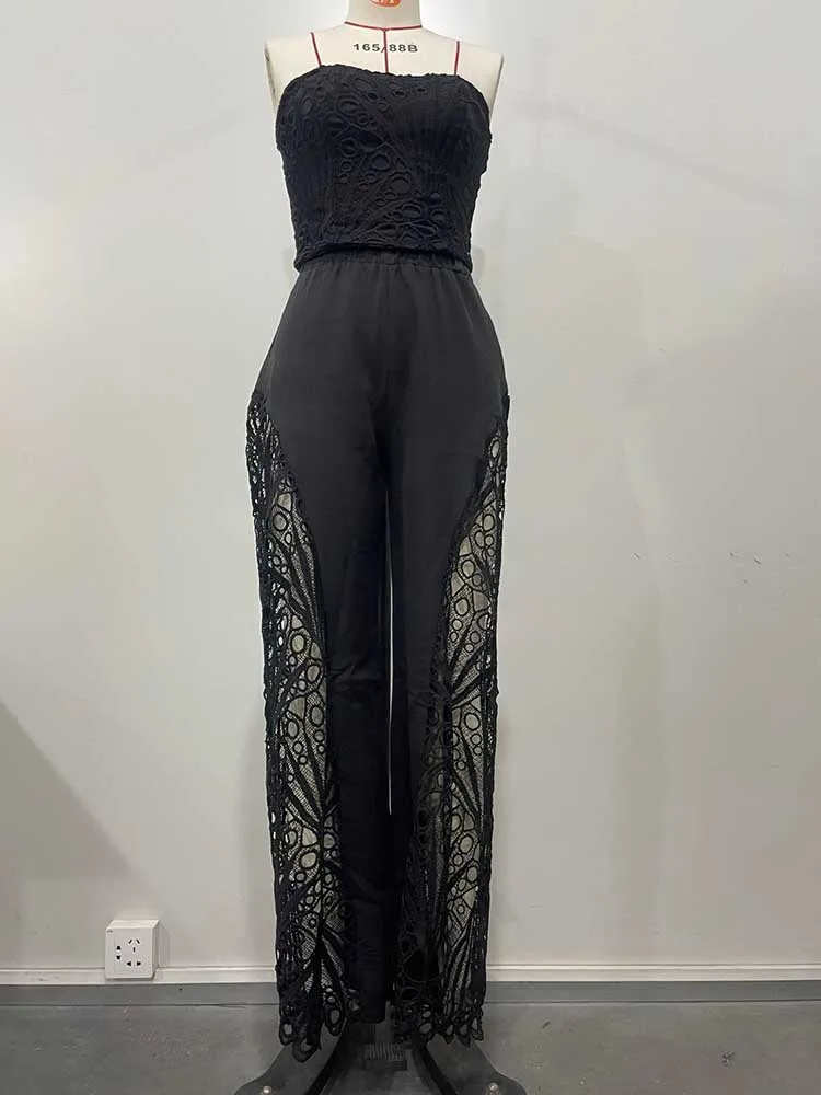 Female Clothing Elegant Sets V Neck Lace Sexy Strapless Crop Top and Wide Leg Pants Set Women Hollow Out Summer Two Piece Set
