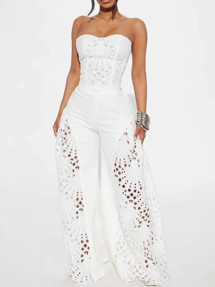 Female Clothing Elegant Sets V Neck Lace Sexy Strapless Crop Top and Wide Leg Pants Set Women Hollow Out Summer Two Piece Set