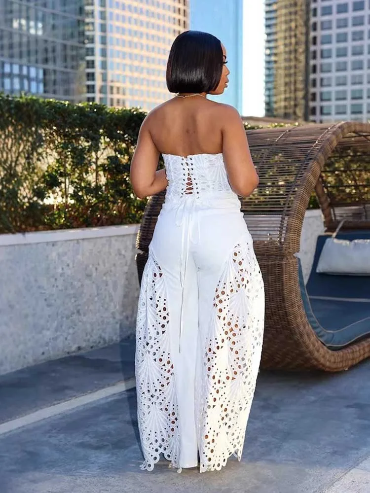 Female Clothing Elegant Sets V Neck Lace Sexy Strapless Crop Top and Wide Leg Pants Set Women Hollow Out Summer Two Piece Set