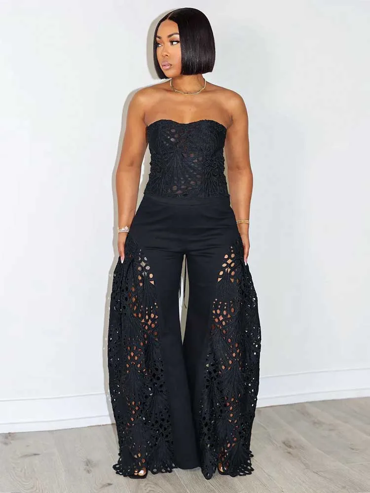 Female Clothing Elegant Sets V Neck Lace Sexy Strapless Crop Top and Wide Leg Pants Set Women Hollow Out Summer Two Piece Set
