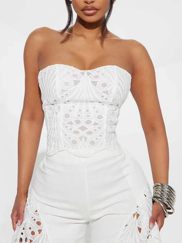 Female Clothing Elegant Sets V Neck Lace Sexy Strapless Crop Top and Wide Leg Pants Set Women Hollow Out Summer Two Piece Set