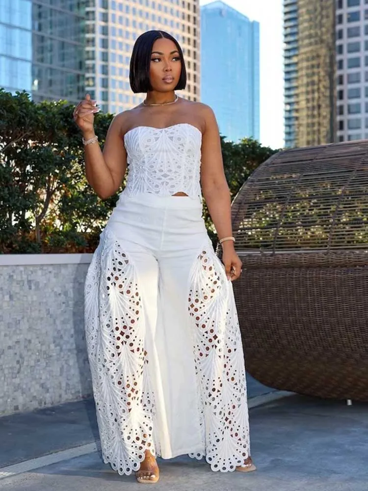 Female Clothing Elegant Sets V Neck Lace Sexy Strapless Crop Top and Wide Leg Pants Set Women Hollow Out Summer Two Piece Set