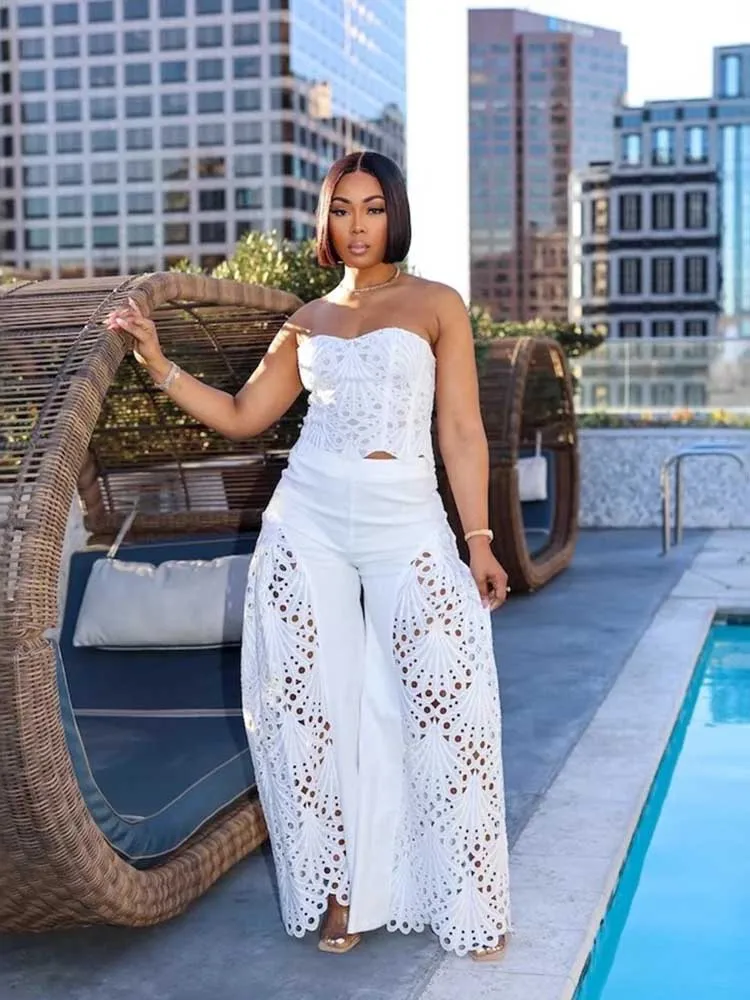 Female Clothing Elegant Sets V Neck Lace Sexy Strapless Crop Top and Wide Leg Pants Set Women Hollow Out Summer Two Piece Set