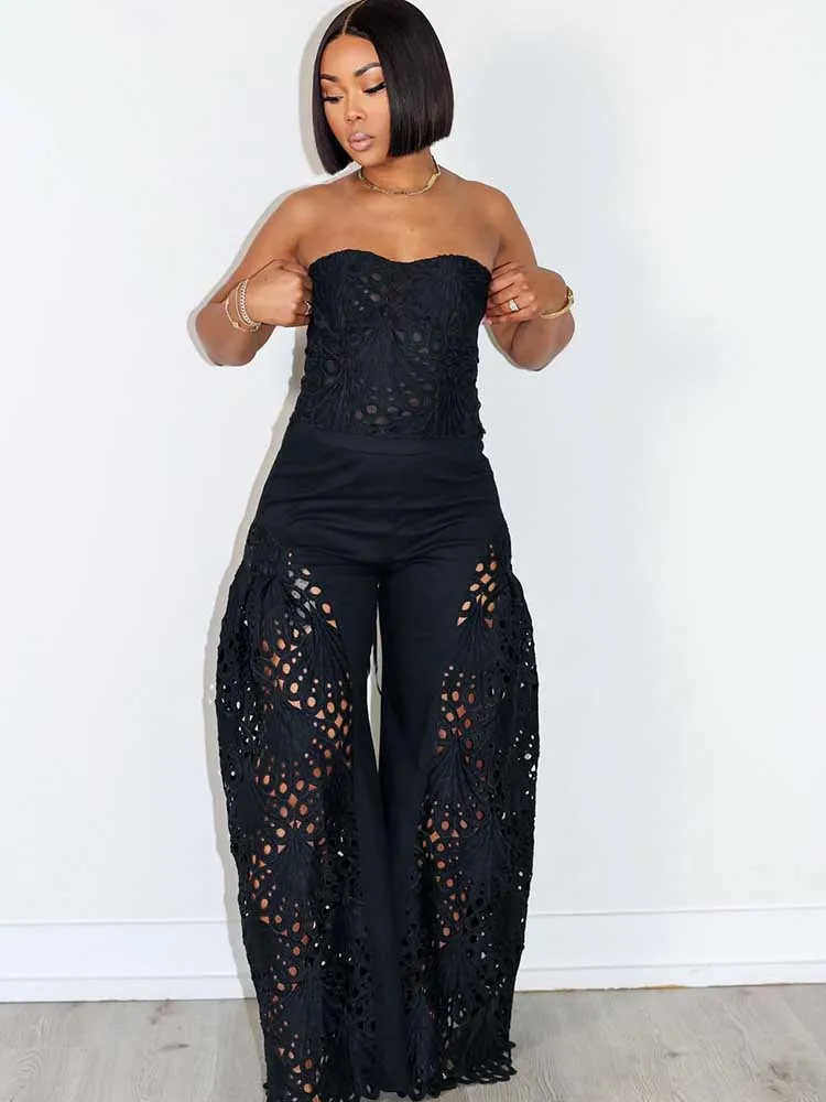Female Clothing Elegant Sets V Neck Lace Sexy Strapless Crop Top and Wide Leg Pants Set Women Hollow Out Summer Two Piece Set
